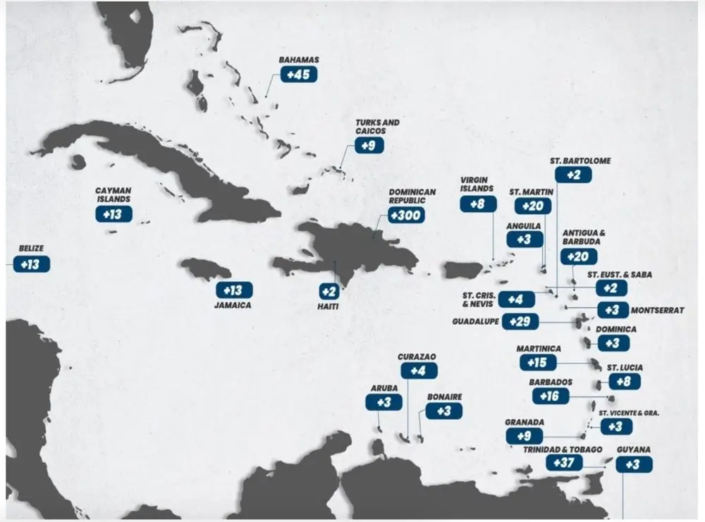 A map of the Caribbean showing various islands and countries with associated numbers. 